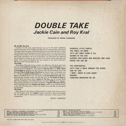 Jackie And Roy - Double Take (SOPJ 107) LP 1974 JPN CBS/Sony｜中古LP
