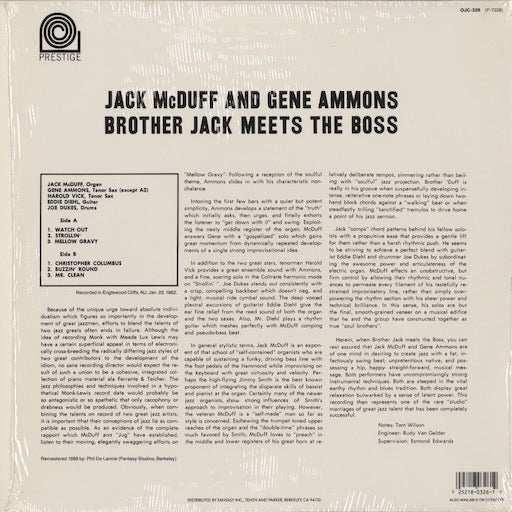 Jack McDuff & Gene Ammons - Brother Jack Meets The Boss (OJC 326) LP 1988 US Prestige/OJC｜中古LP