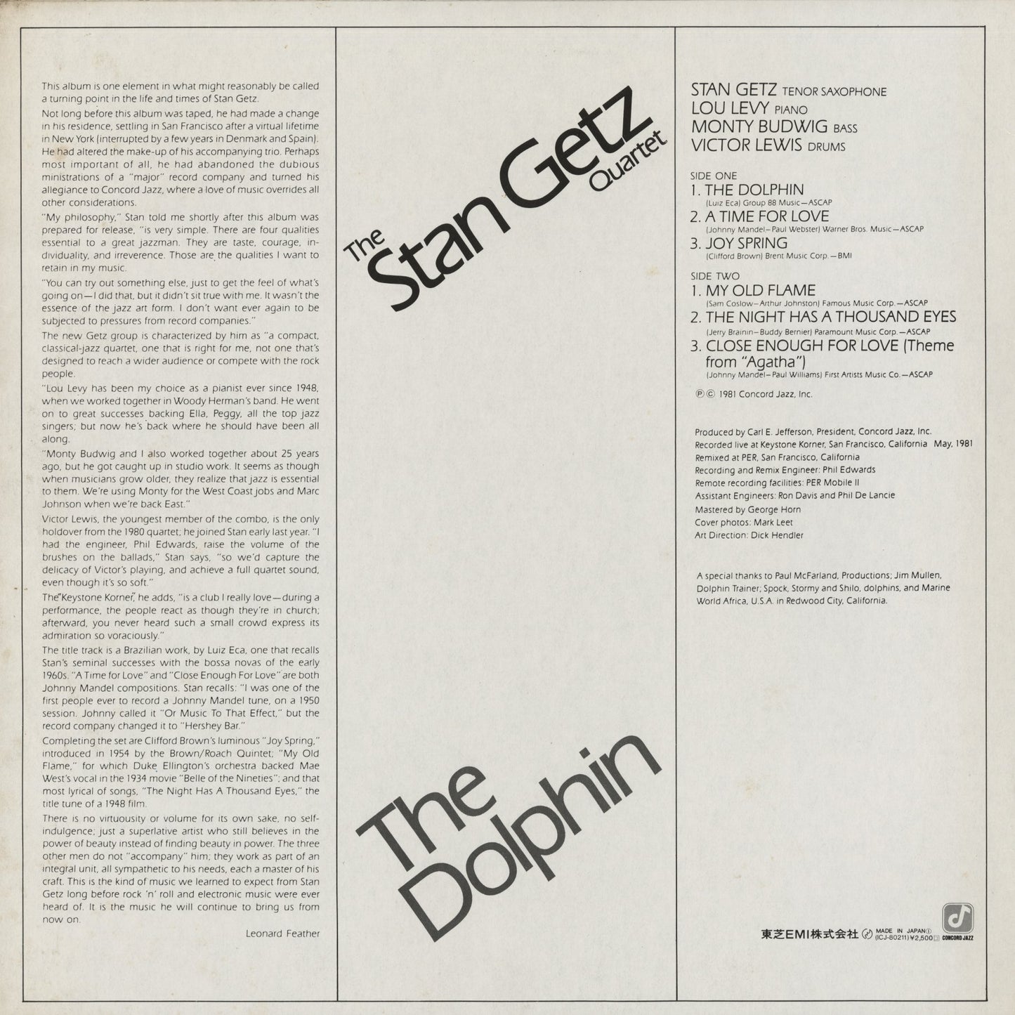 Stan Getz - The Dolphin (ICJ-80211) LP 1981 JPN Concord Jazz - Toshiba EMI｜中古LP