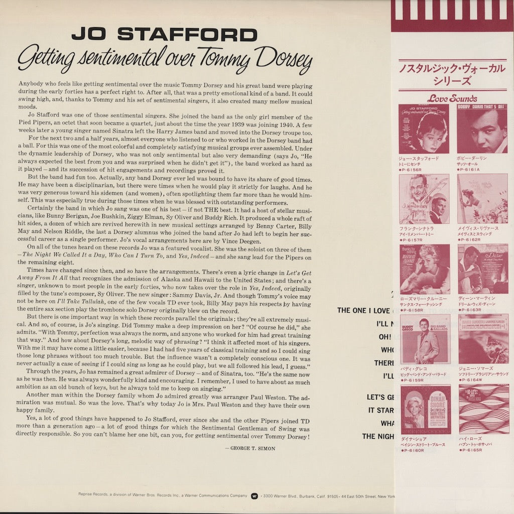 Jo Stafford - Getting Sentimental Over Tommy Dorsey (P-6156R) LP 1975 JPN Warner Pioneer｜中古LP