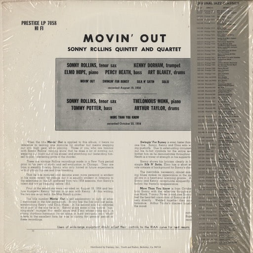 Sonny Rollins - Moving Out (OJC-058) LP 1983 US Prestige / OJC｜中古LP