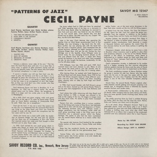 Cecil Payne - Patterns Of Jazz (MG 12147) LP 1970's US Savoy｜中古LP