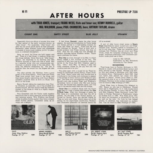 Thad Jones / Kenny Burrell / Frank Wess / Mal Waldron / Paul Chambers / Arthur Taylor - After Hours (PR7118) 1996 US Prestige - Fantasy｜中古LP