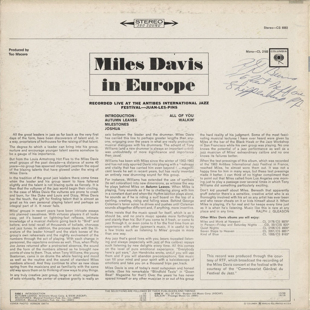 Miles Davis – In Europe (CS 8983) 1964 US Columbia | 中古LP