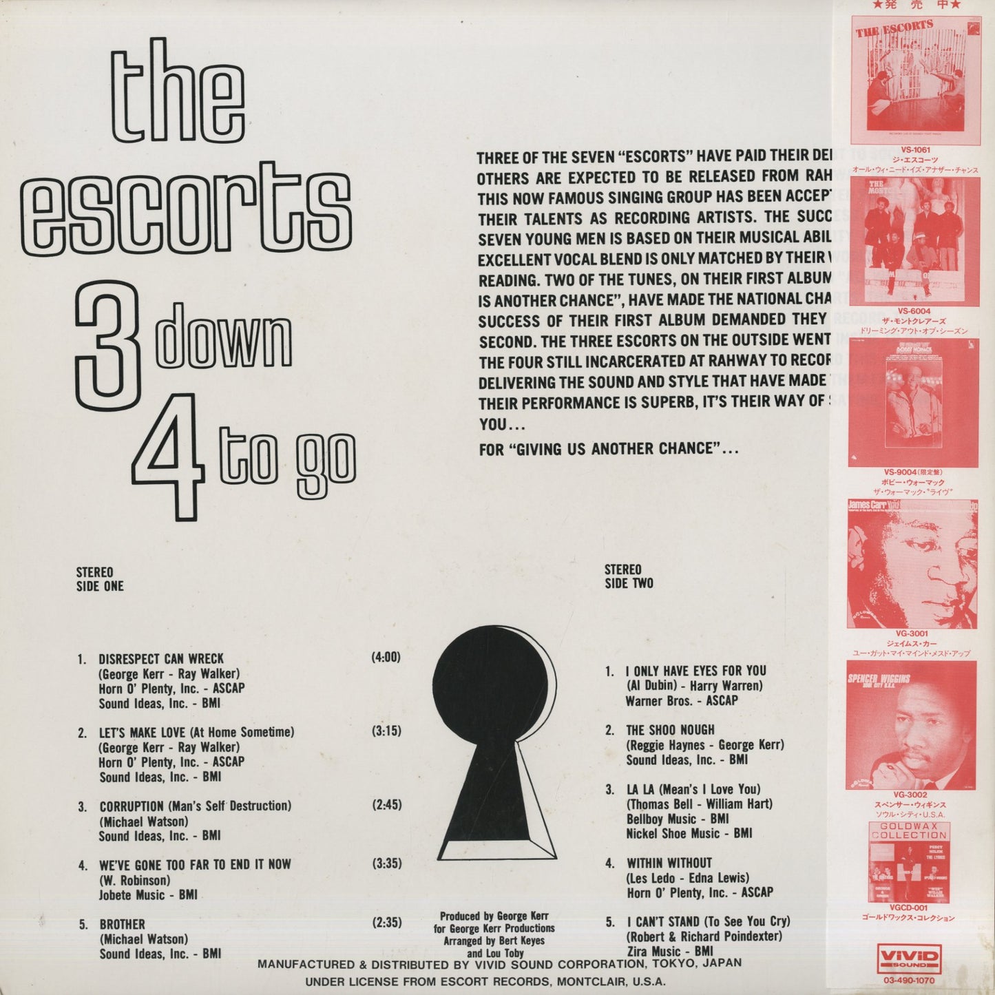 The Escorts - 3 Down 4 To Go (VS-1062) LP 1988 JPN Vivid Sound｜中古LP back