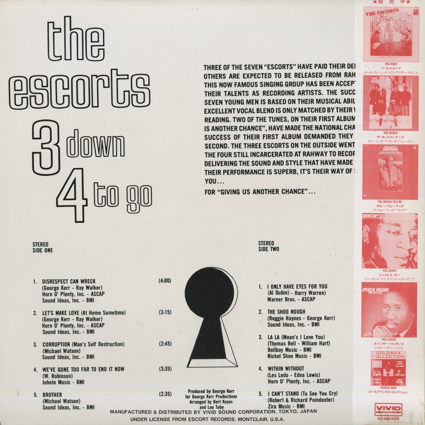The Escorts - 3 Down 4 To Go (VS-1062) LP 1988 JPN Vivid Sound｜中古LP back