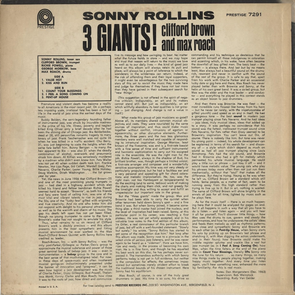 Sonny Rollins, Clifford Brown And Max Roach – 3 Giants! (PR 7291) LP 1964 US Prestige｜中古LP