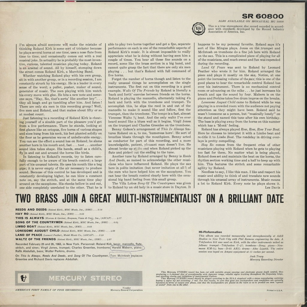 Roland Kirk / ローランド・カーク / Reeds & Deeds (SR60800)