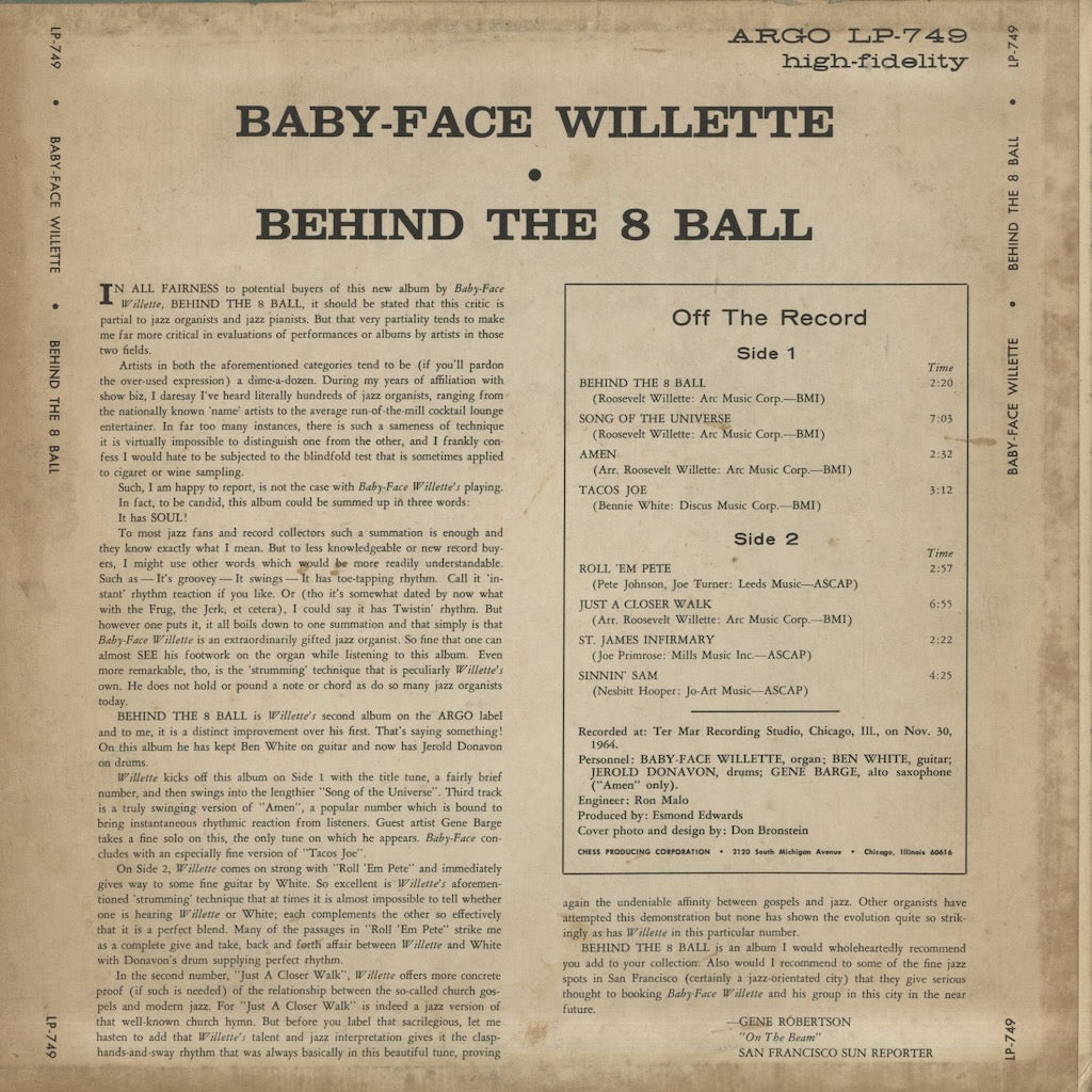 Baby Face Willette / ベイビーフェイス・ウィレット / Behind The 8 Ball (LPS-749)
