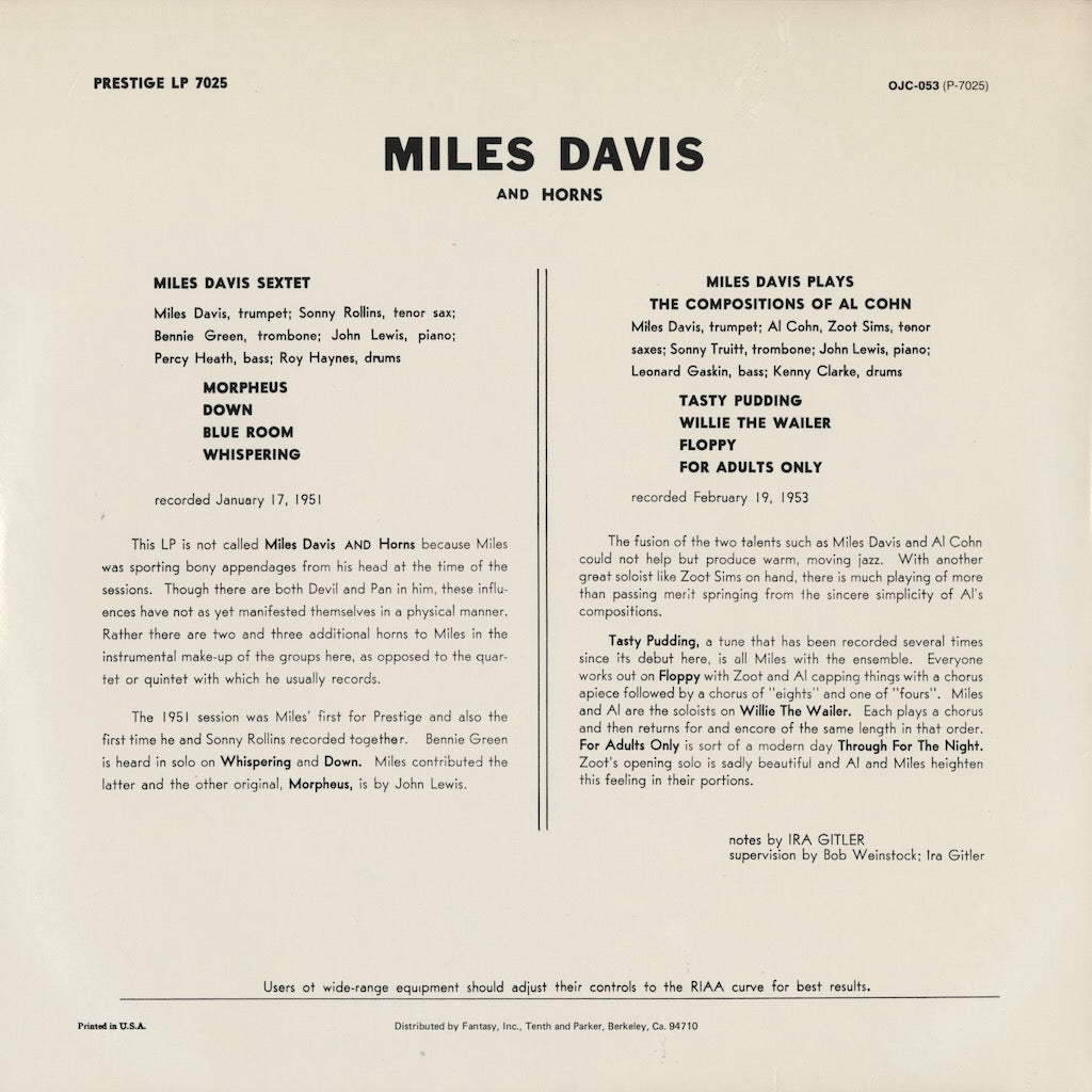 Miles Davis / マイルス・デイヴィス / Miles Davis And Horns (OJC-053)