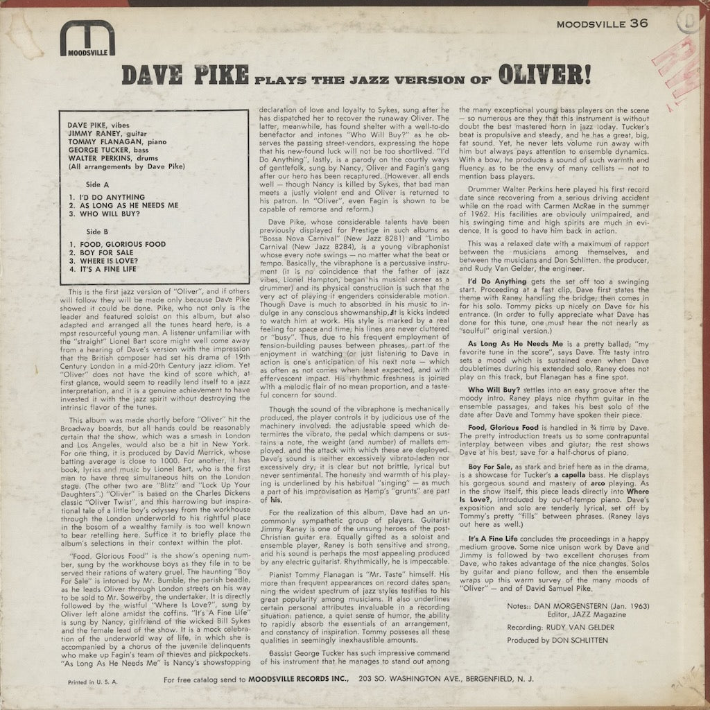 Dave Pike – Plays The Jazz Version Of Oliver! (MVLP36) LP 1963 US Moosville | 中古LP