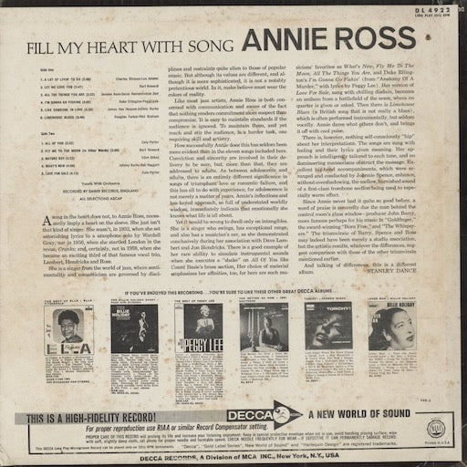 Annie Ross - Fill My Heart With Song (DL 4922) 1968 US Decca｜中古LP