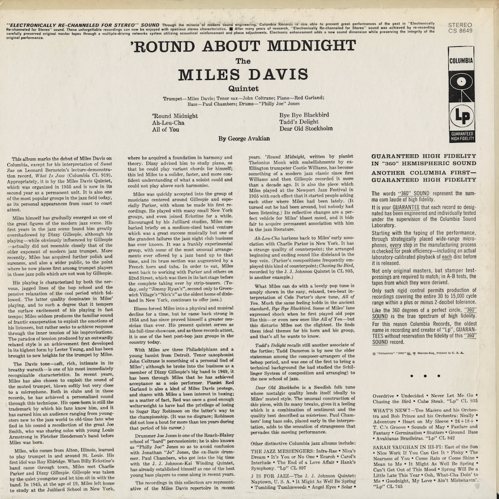 Miles Davis / マイルス・デイヴィス / 'Round About Midnight (CS 8649) 1972 US Columbia Red