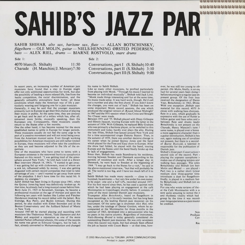 Sahib Shihab - Sahib's Jazz Party (NLP2011) 1993 JPN NORMA｜中古LP back