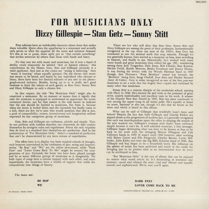 Dizzy Gillespie, Stan Getz etc / ディジー・ガレスピー　スタン・ゲッツ / For Musicians Only (18MJ9021)