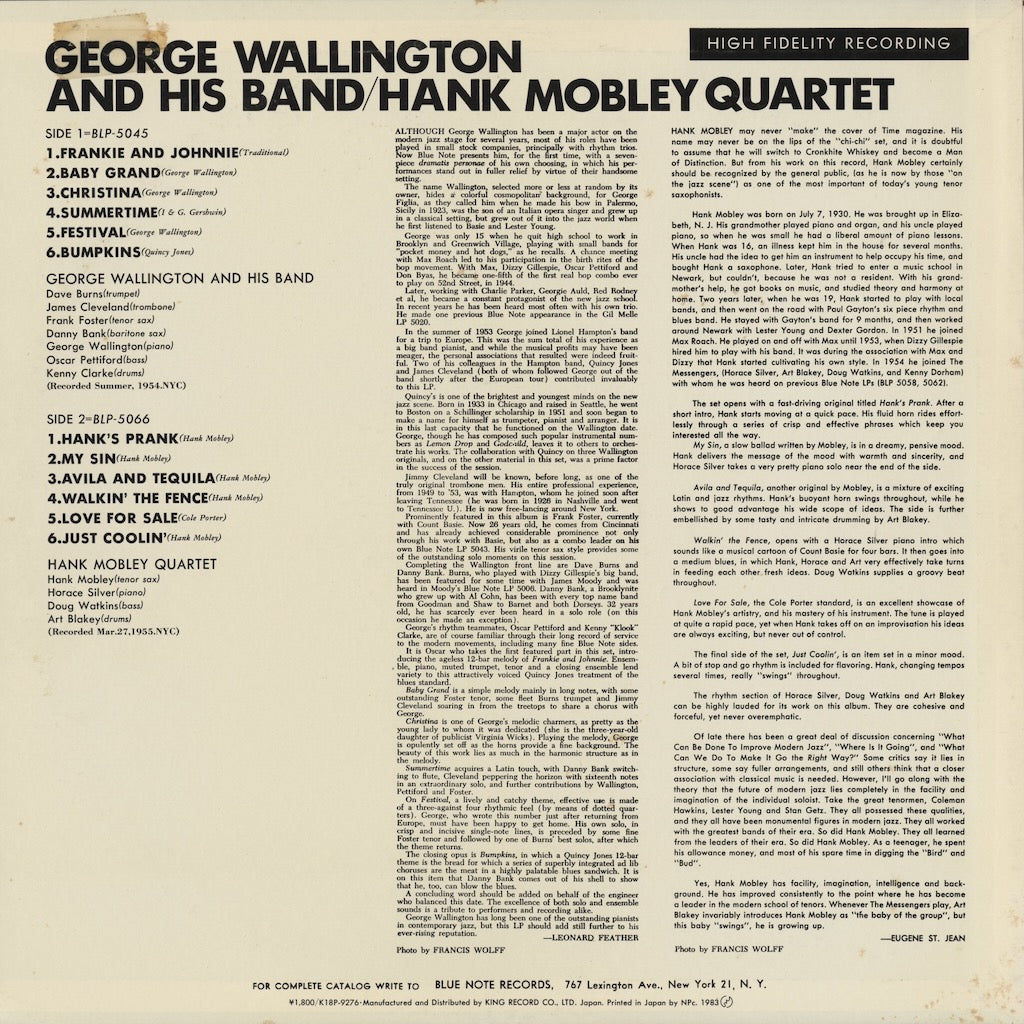 George Wallington and His Band / Hank Mobley Quartet (K18P-9276) LP 1983 JPN Blue Note｜中古LP