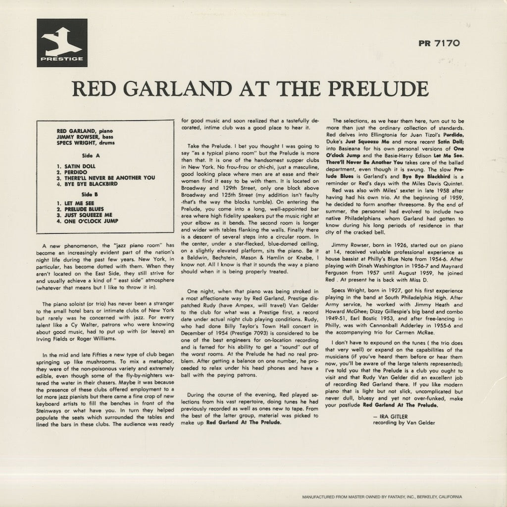 Red Garland / レッド・ガーランド / Red Garland At The Prelude (PR7170)