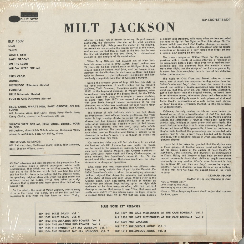 Milt Jackson - With John Lewis, Percy Heath, Kenny Clarke, Lou Donaldson And The Thelonious Monk Quintet (BST81509) LP 1974 US Blue Note｜中古LP