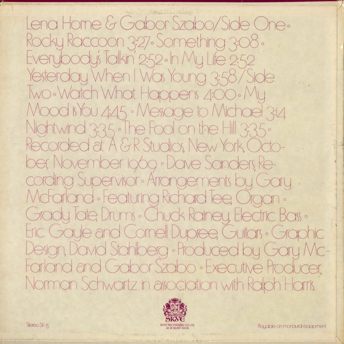 Lena Horne & Gabor Szabo – Watch What Happens (SK 15) 1970 US SKYE｜中古LP