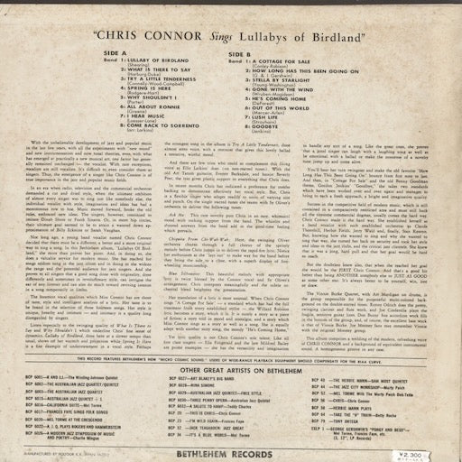 Chris Connor - Sings Lullabys Of Birdland (MP 2340) 1973 JPN Bethlehem｜中古LP