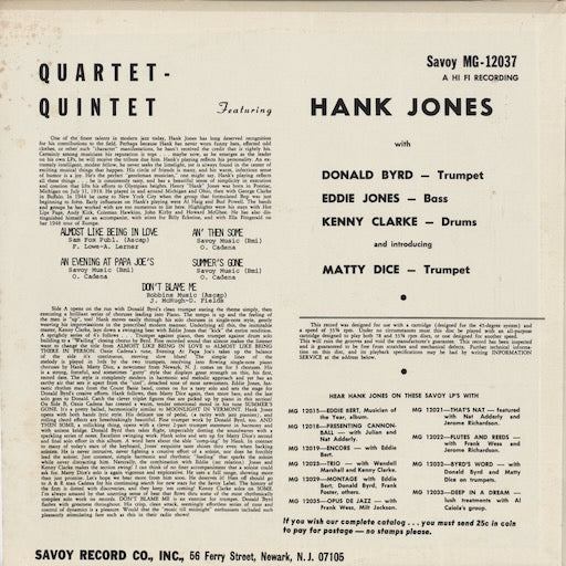Hank Jones - Quartet-Quintet (MG 12037) 1970's US Savoy｜中古LP