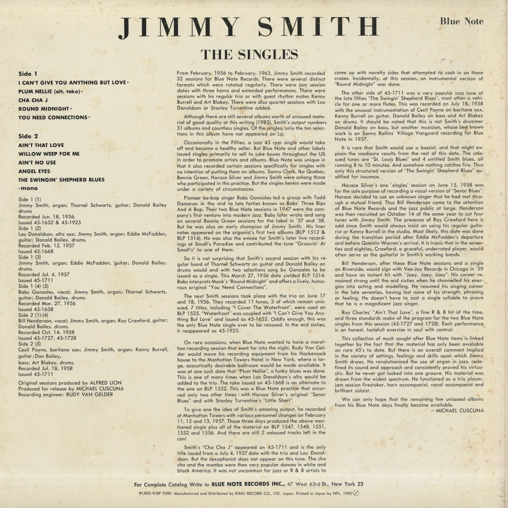 Jimmy Smith - The Singles (K18P-9280) LP 1983 JPN Blue Note - King Record