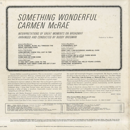 Carmen McRae / カーメン・マクレー / Something Wonderful  (SOPZ37)