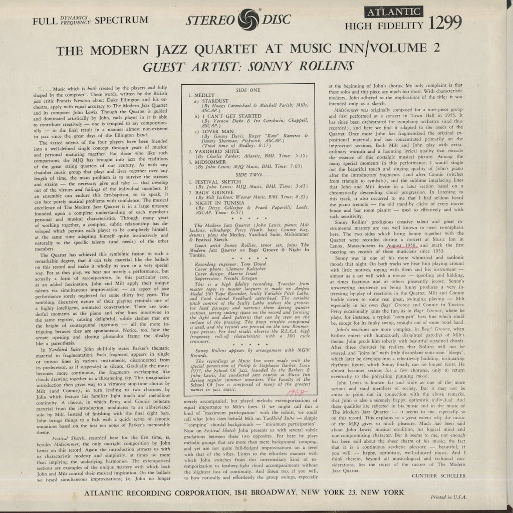 The Modern Jazz Quartet - At Music Inn Guest : Sonny Rollins (SD-1299) LP 1973 US Atlantic｜中古LP