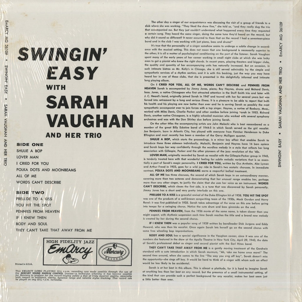 Sarah Vaughan / サラ・ヴォーン / Swingin' Easy (MG36109)