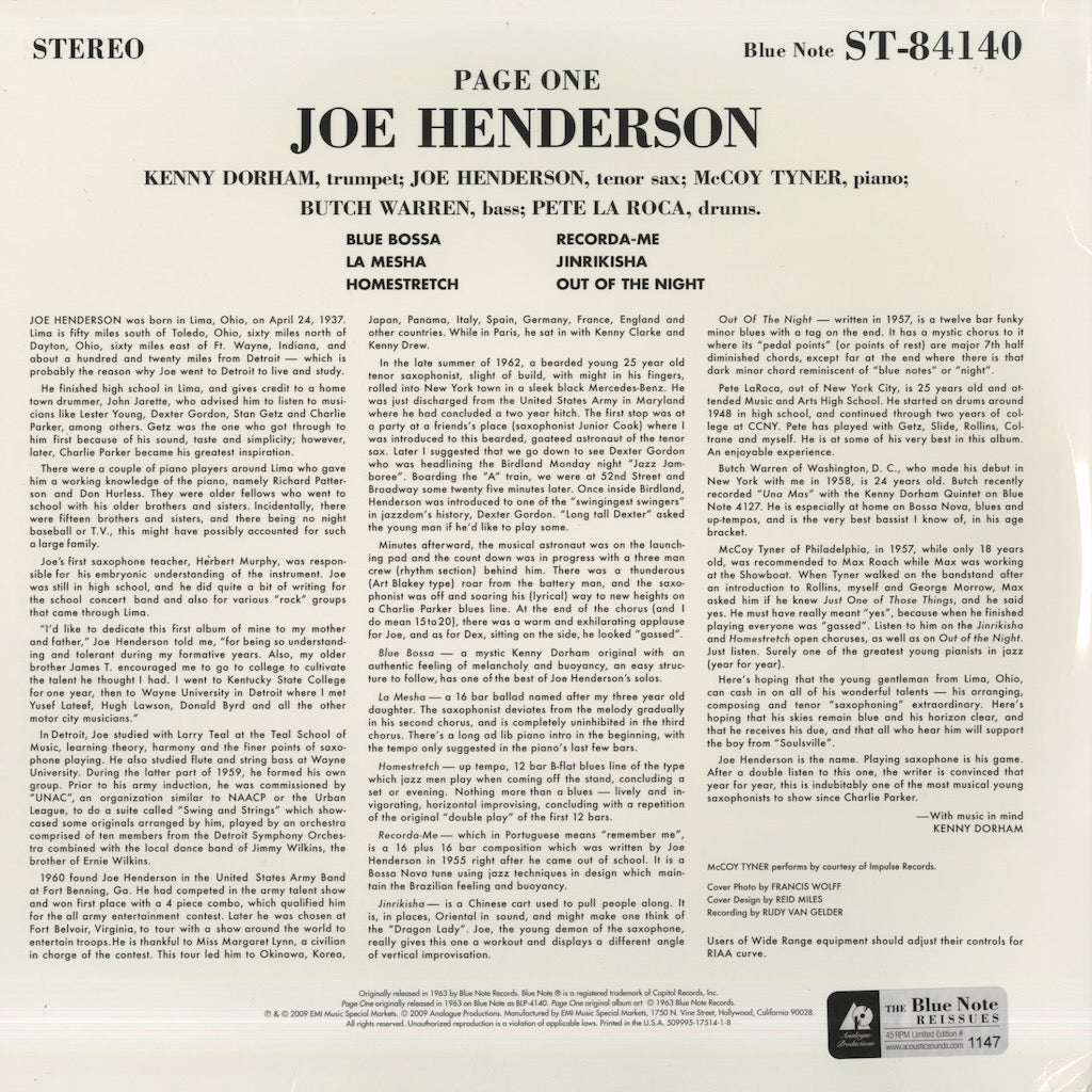 Joe Henderson - Page One (AP-84140) Analogue Productions Blue Note 4140 ジョー・ヘンダーソン back