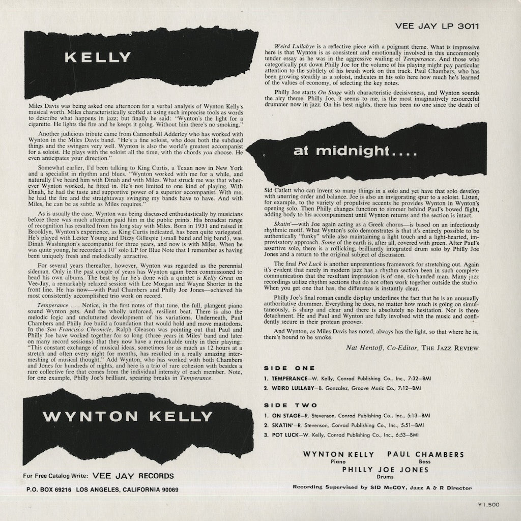 Wynton Kelly / ウィントン・ケリー / Kelly At Midnite (ULS-1652-JY) 1979 JPN Pressing