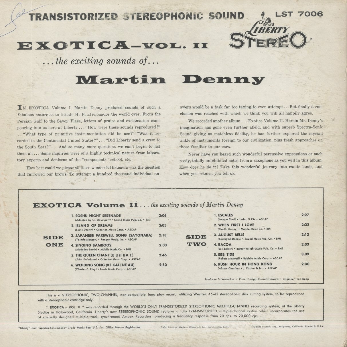 Martin Denny - Exotica Vol. II (LST7006) 1960 US Liberty STEREO｜中古LP