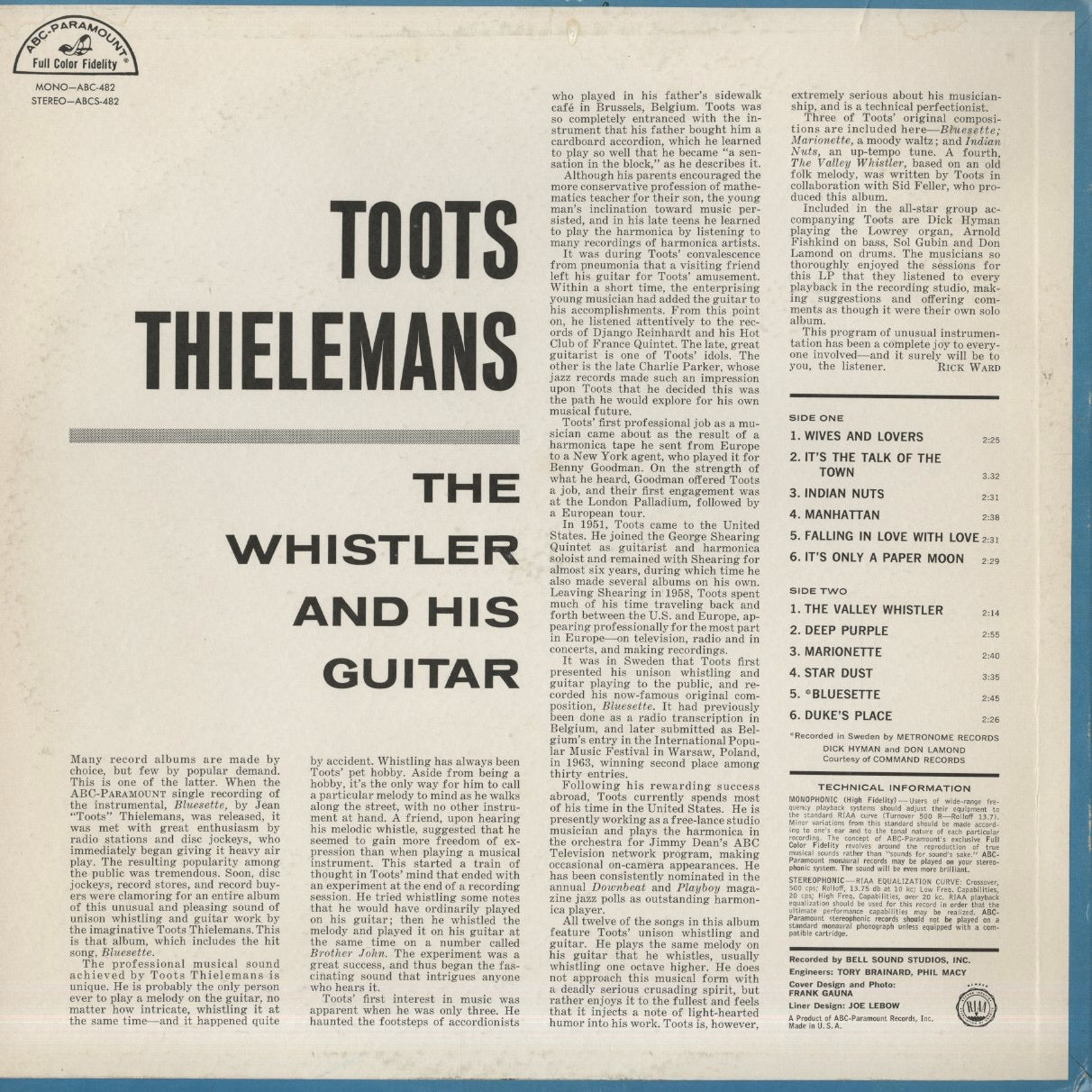 Toots Thielemans - The Whistler & His Guitar (ABC-482) LP 1964 US ABC-Paramount｜中古LP