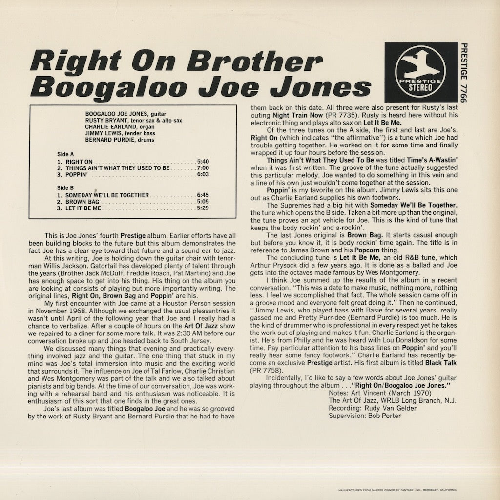 Boogaloo Joe Jones / ブーガルー・ジョー・ジョーンズ / Right On Brother (PR7766)
