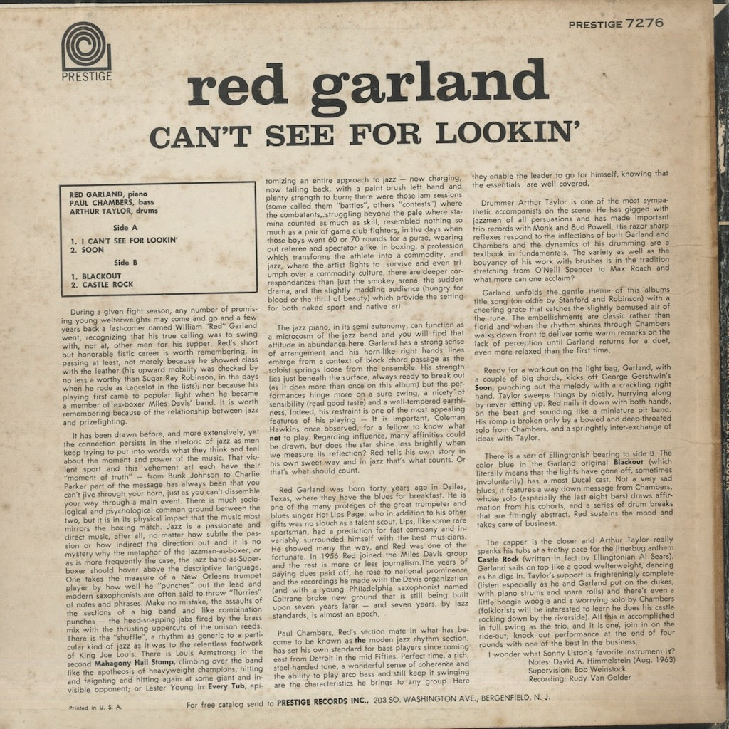 Red Garland / レッド・ガーランド / Can't See For Lookin' (PRST-7276)