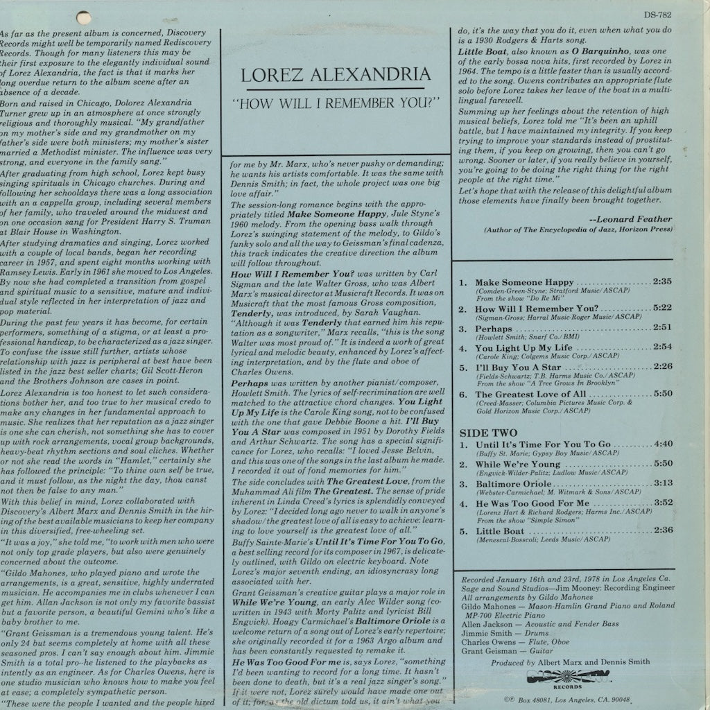 Lorez Alexandria / ロレツ・アレキサンドリア / How Will I Remember You? (DS-782)