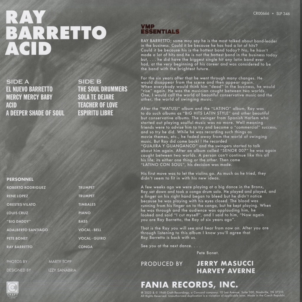 Ray Barretto - Acid (VMP-E130) LP 2023 US Craft Recording / Vinyl Me, Please｜新品LP FANIA Boogaloo LATIN back
