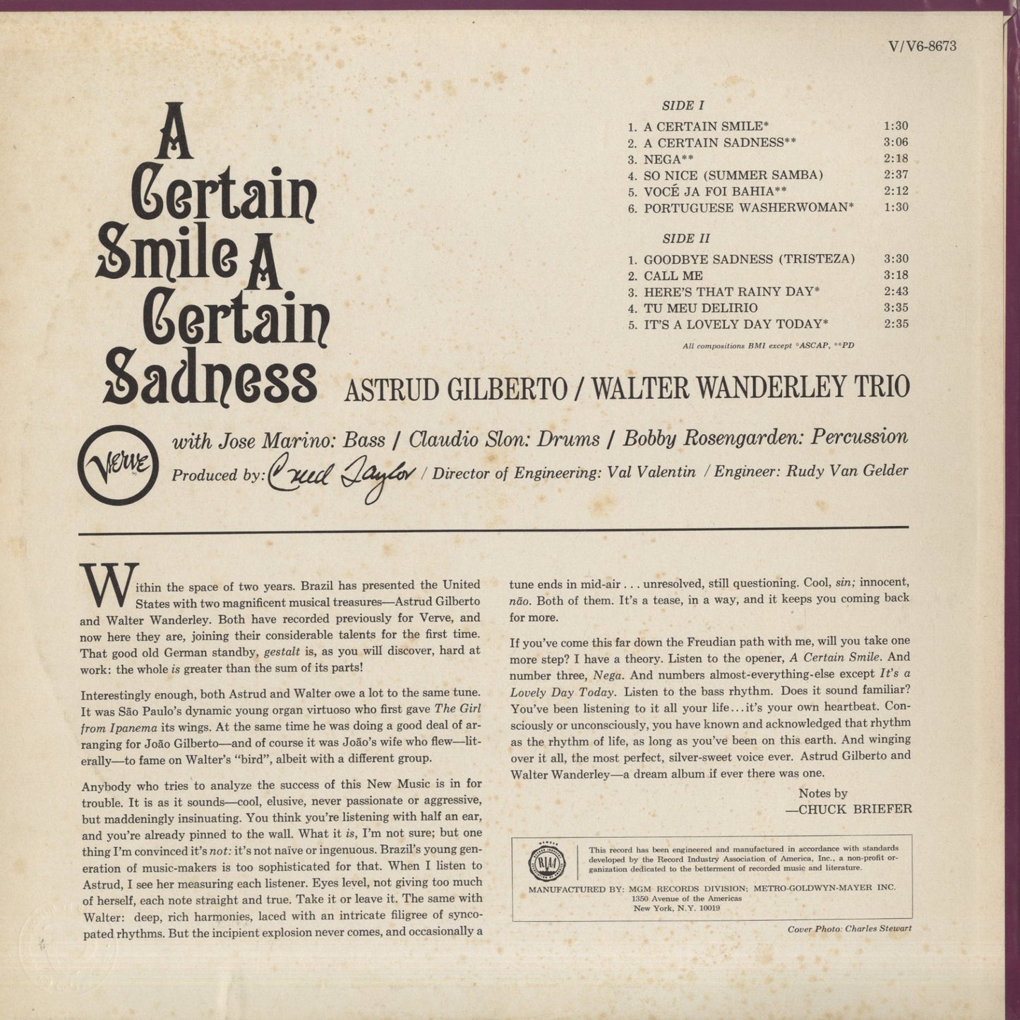 Astrud Gilberto - Walter Wanderley / アストラッド・ジルベルト　ワルター・ワンダレイ / A Certain Smile A Certain Sadness (V6-8673)