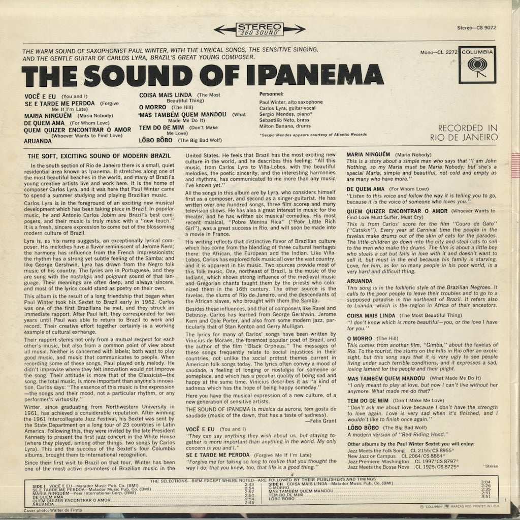 Paul Winter With Carols Lyra / ポール・ウィンター、カルロス・リラ / The Sound Of Ipanema (CS 9072)