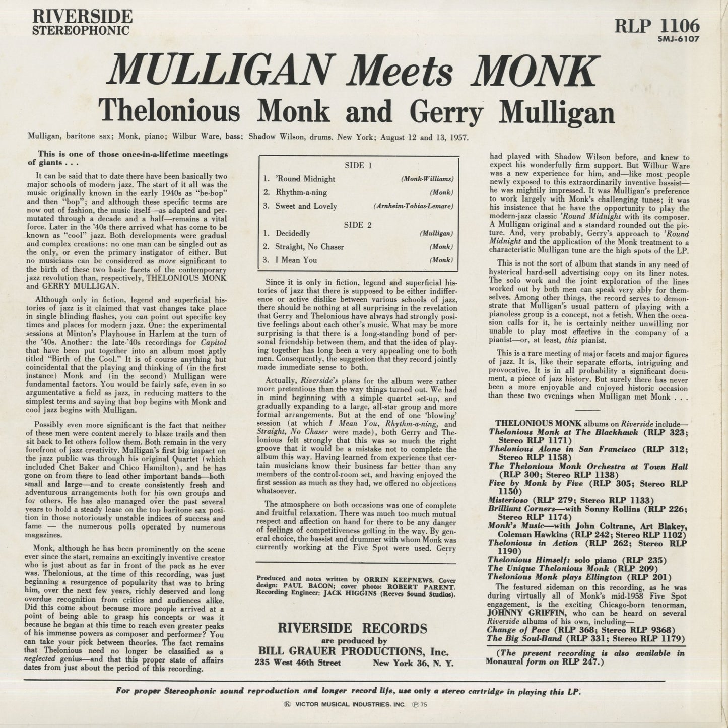 Thelonious Monk And Gerry Mulligan / セロニアス・モンク　ジェリー・マリガン / Mulligan Meets Monk (SMJ-6107)