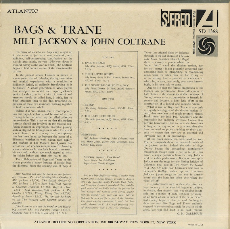 Milt Jackson & John Coltrane / ミルト・ジャクソン　ジョン・コルトレーン / Bags & Trane (SD 1368)