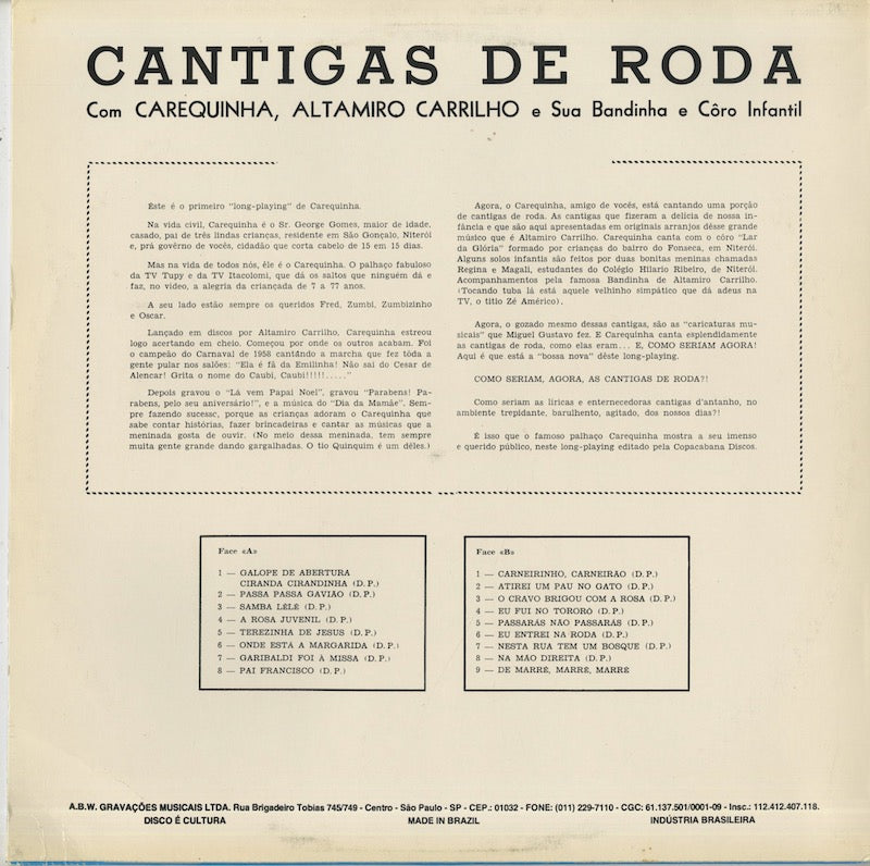 Carequinha, Altamiro Carrilho, Sua Bandinha E Coro Infantil / Cantigas De Roda (BLP83311)