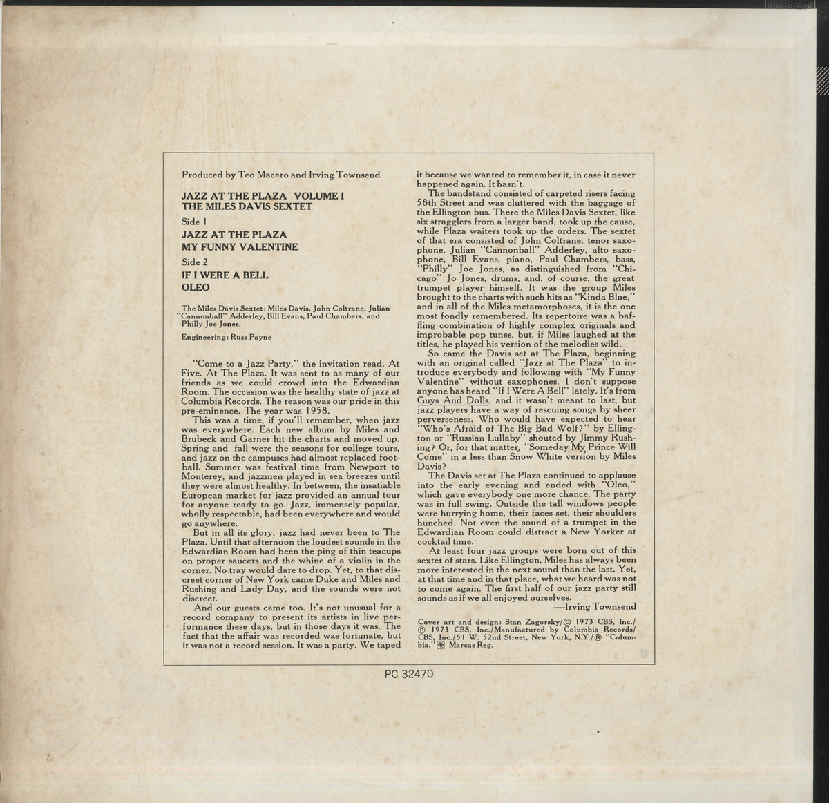 Miles Davis - Jazz At The Plaza Vol.1 (PC 32470) LP 1977 US Columbia｜中古LP