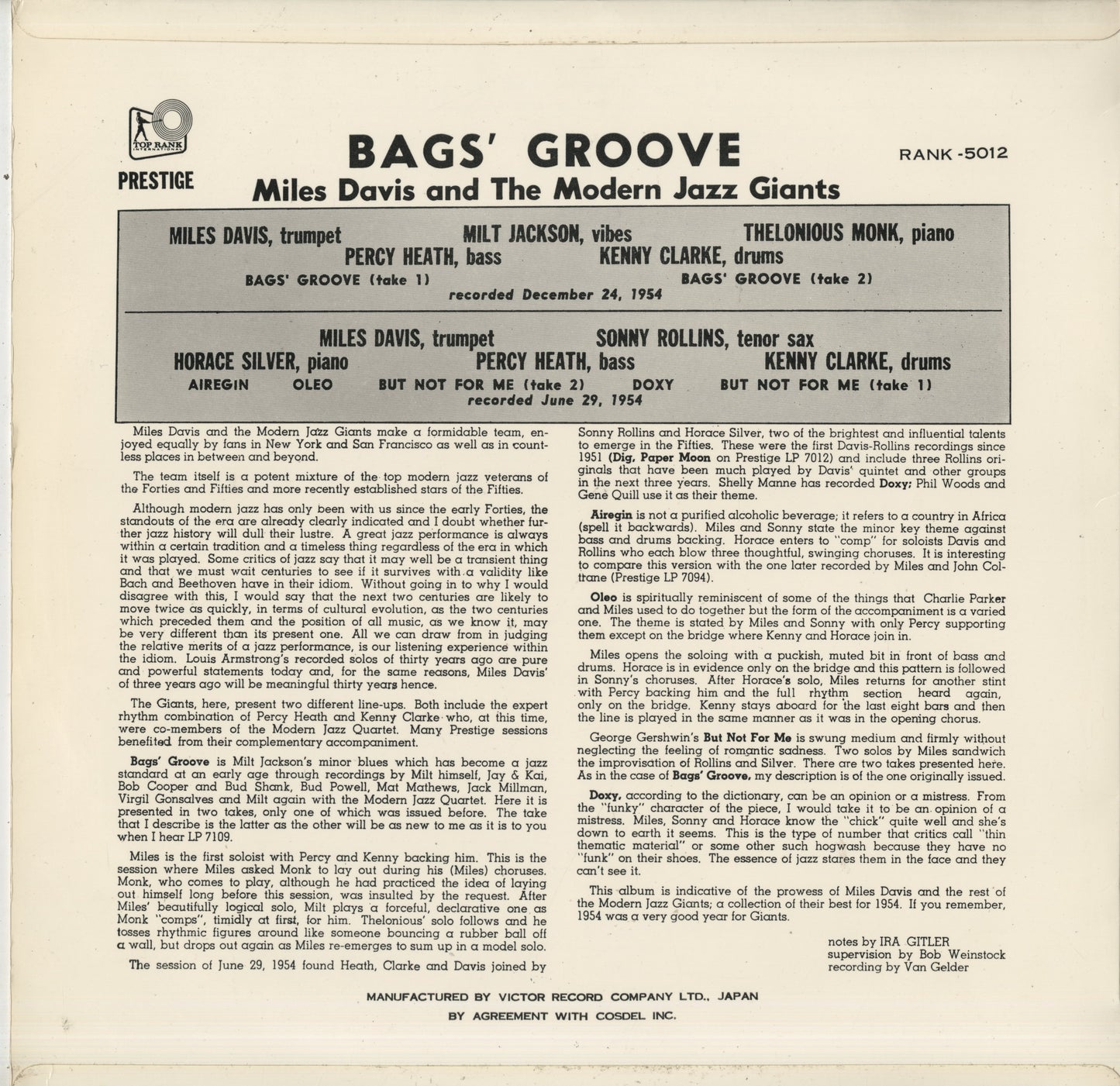 Miles Davis / マイルス・デイヴィス / Bags Groove (RANK-5012)