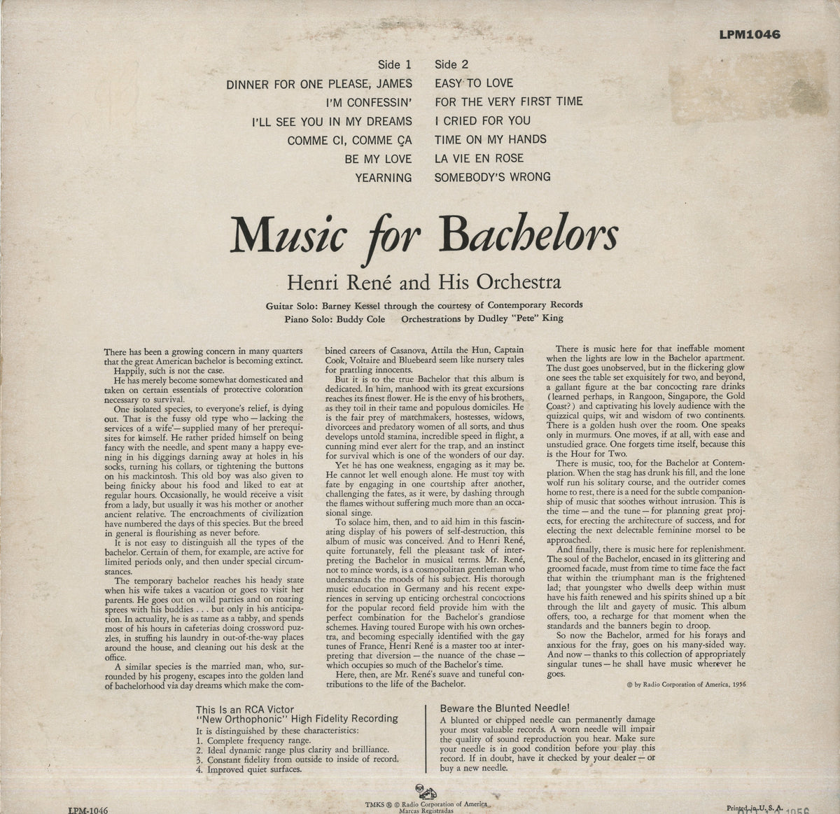 Henri Rene And His Orchestra / アンリ・レネ / Music For Bachelors(LPM-1046)