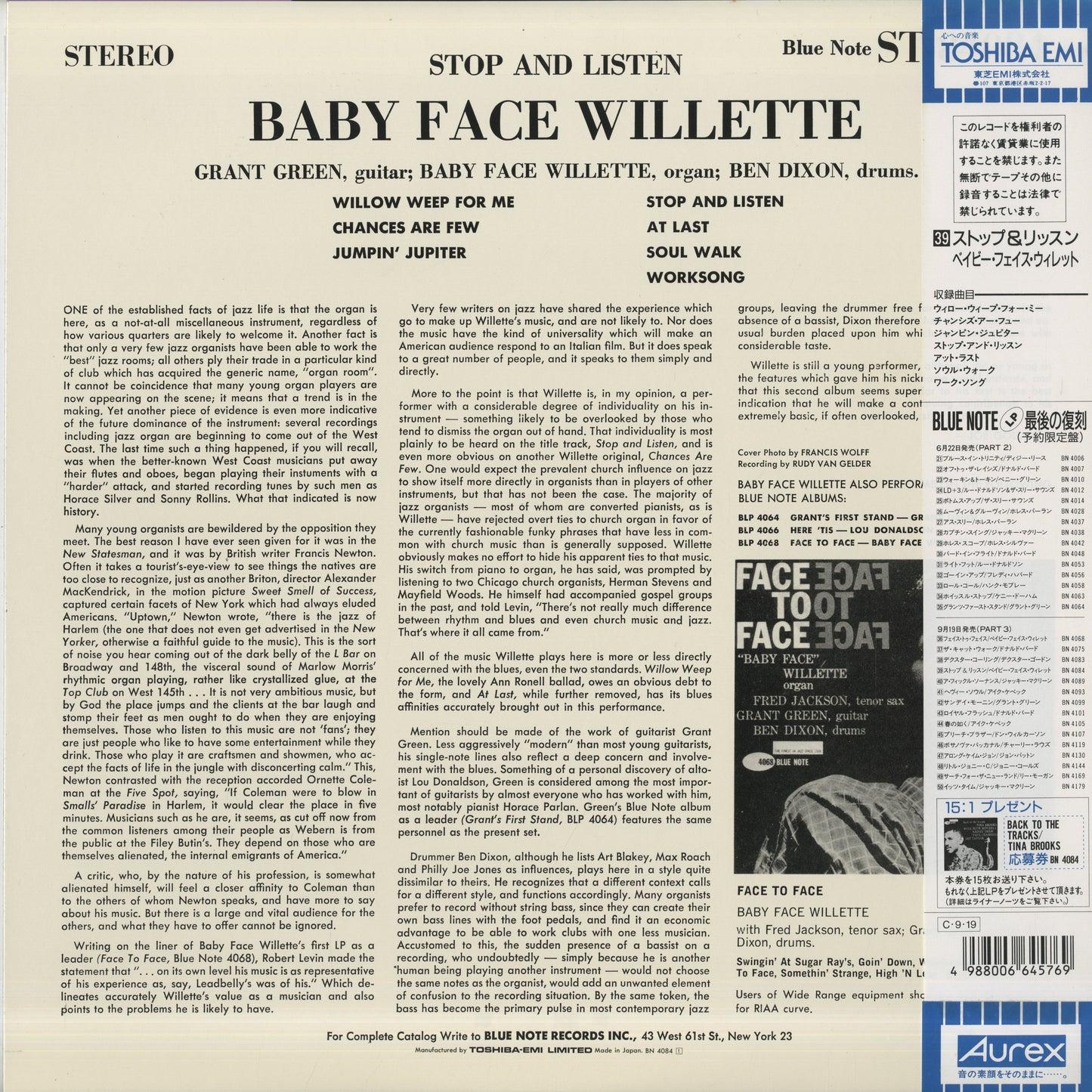 Baby Face Willette - Stop and Listen (BN 4084) LP 1990 JPN Blue Note｜中古LP back