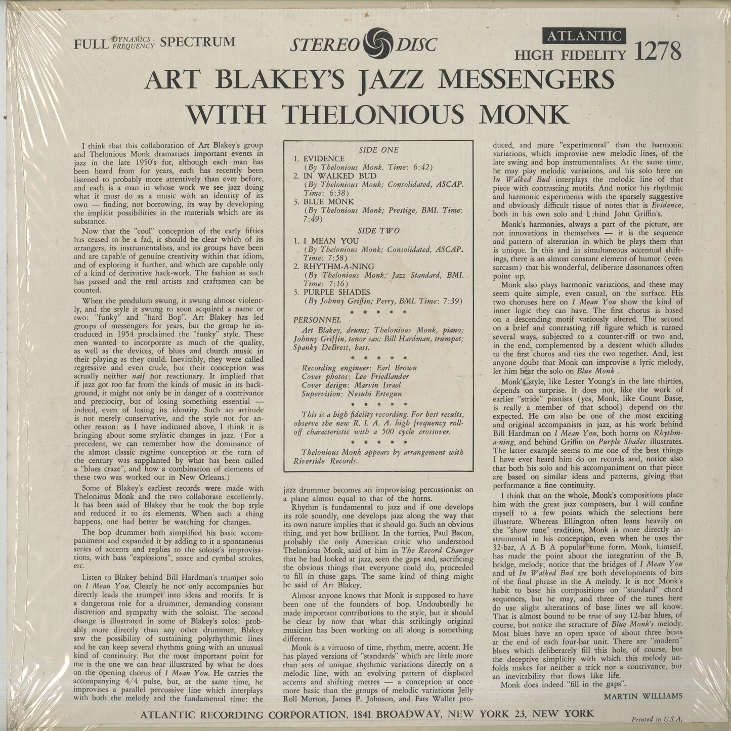 Art Blakey / アート・ブレイキー / Art Blakey's Jazz Messengers With Thelonious Monk (SD 1278)
