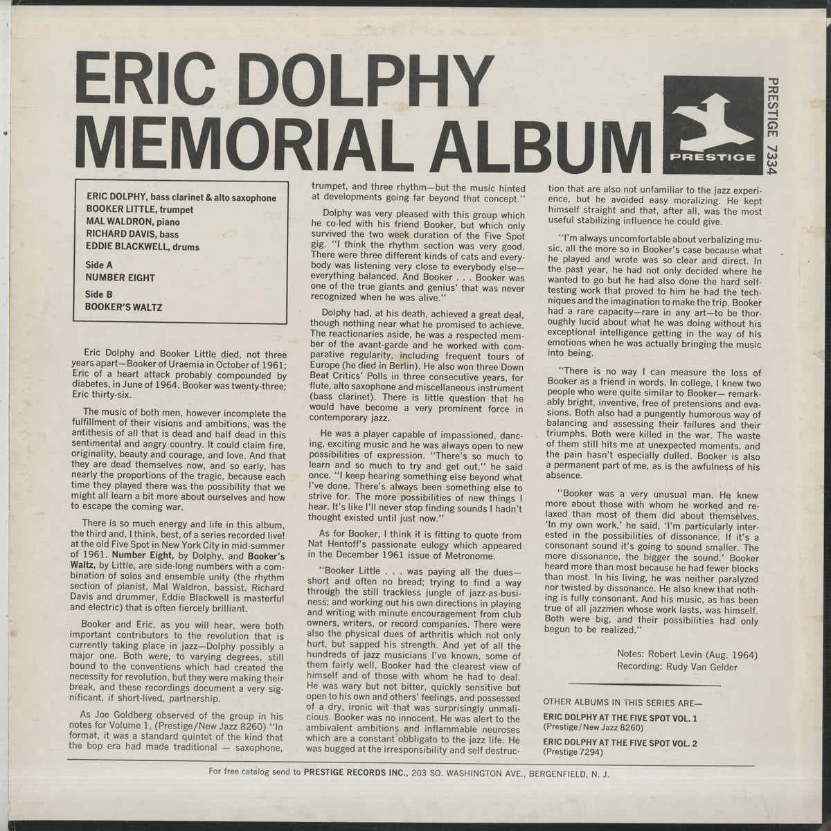 Eric Dolphy / エリック・ドルフィ / Memorial Album Recorded Live At Five Spot (PR 7334) Prestige Navy back