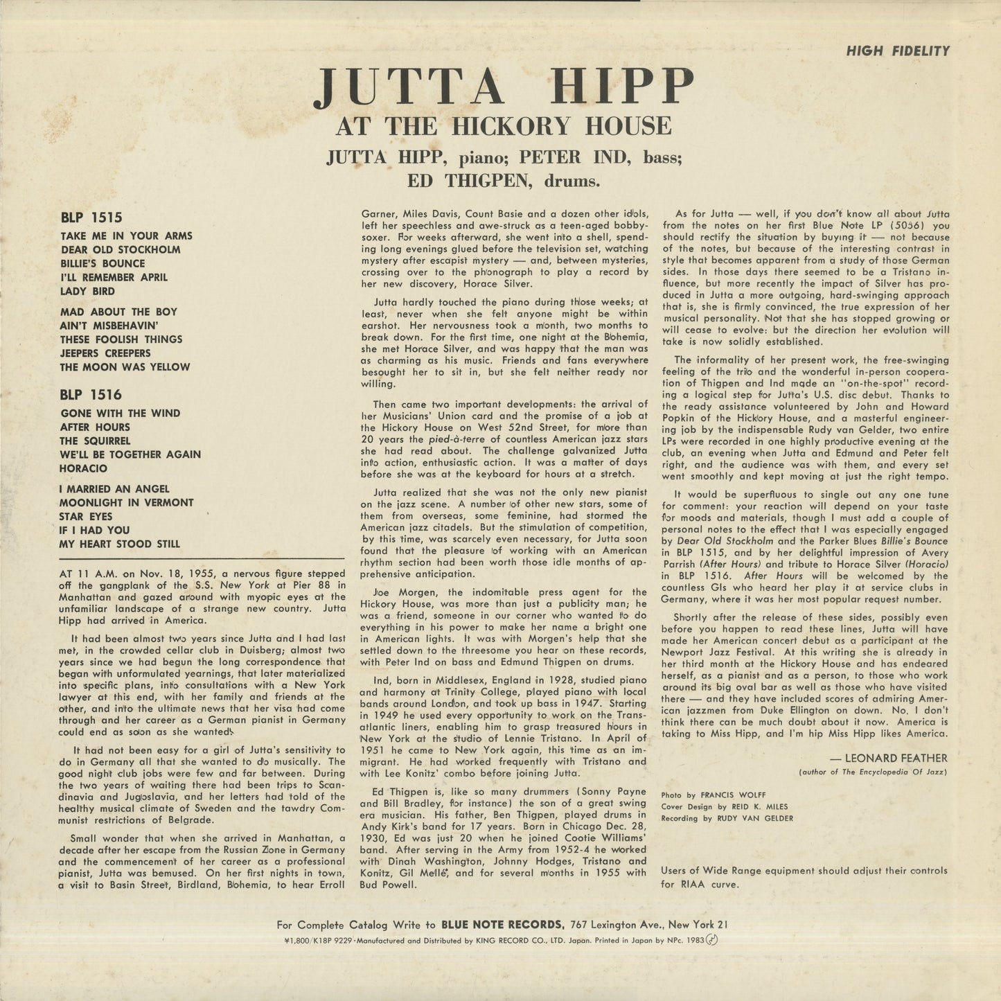Jutta Hipp / ユタ・ヒップ / At The Hickory House Volume 2 (BLP-1516)
