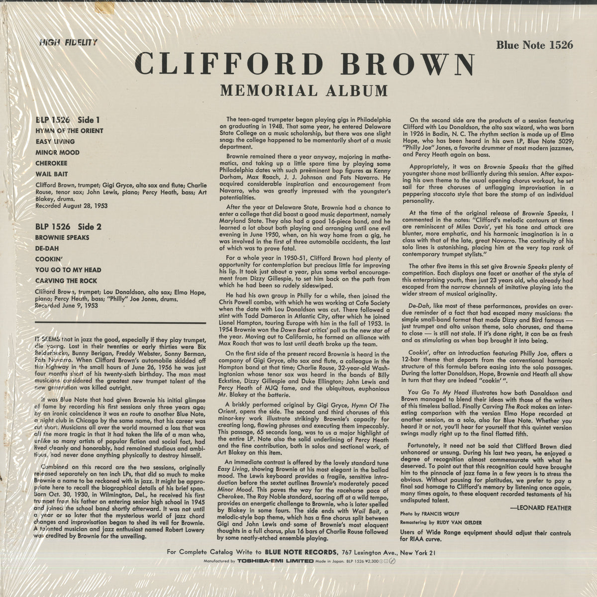 Clifford Brown - Memorial Album (BLP 1526) LP 1983 JPN Blue Note｜中古LP